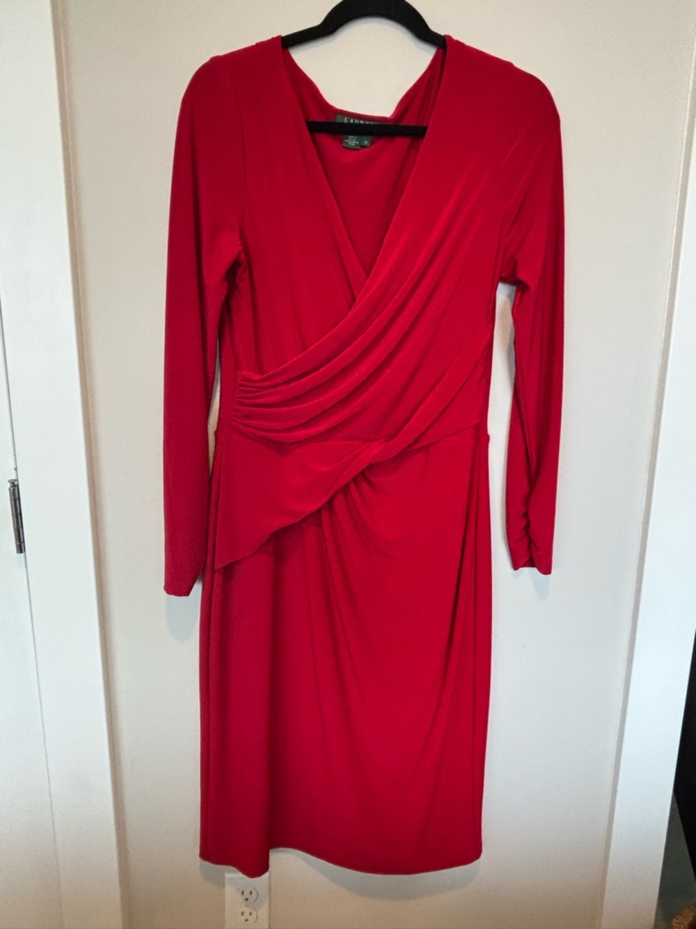 Lauren Ralph Lauren Red Draped Wrap-Front Long Sleeve Dress 004